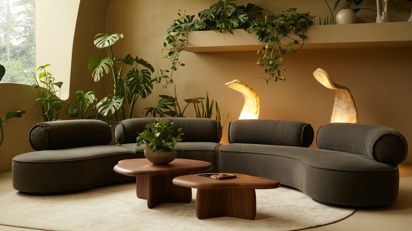 Curved organic furniture biophilic living room soft shapes plants warm natural cozy interior
