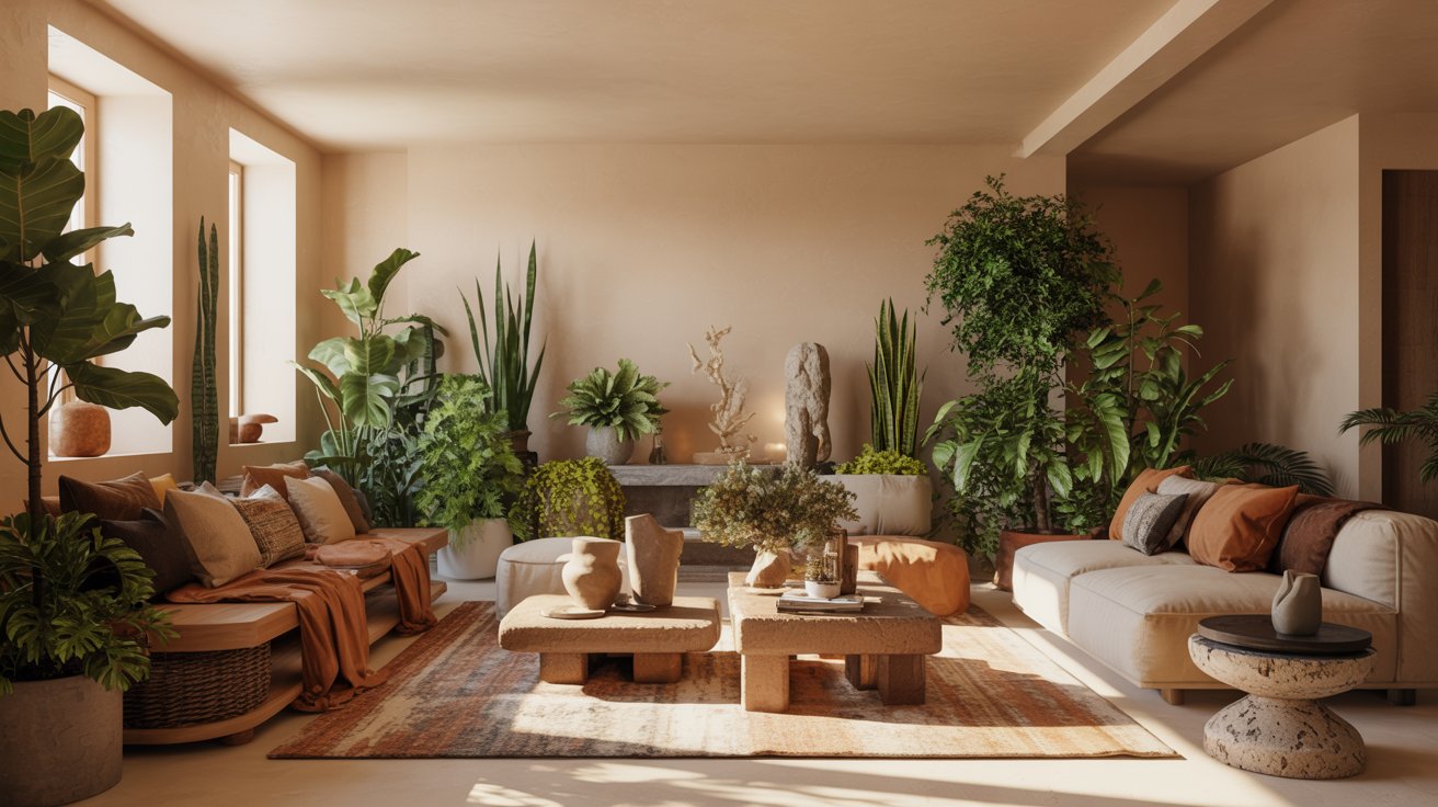 Earth toned living room green brown beige decor plants warm cozy natural aesthetic interior