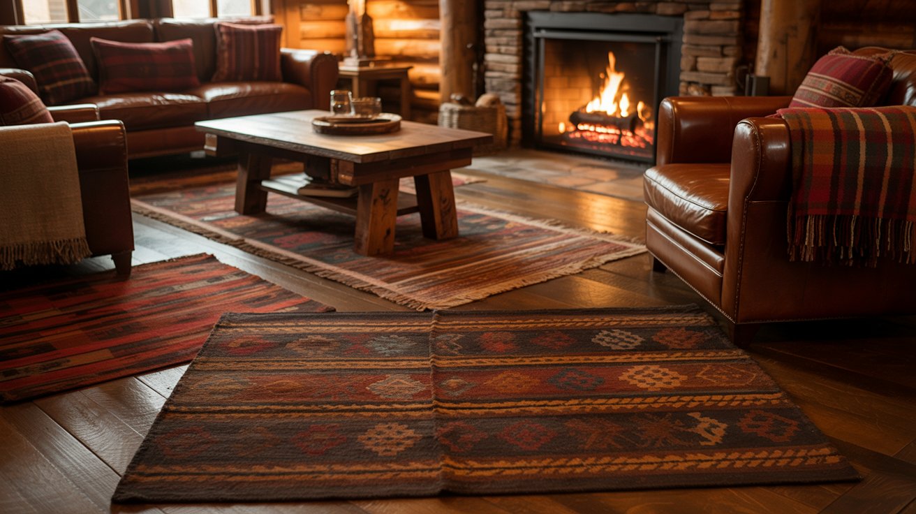 Cabin rugs patterned warm layered textiles cozy rustic living room interior design style