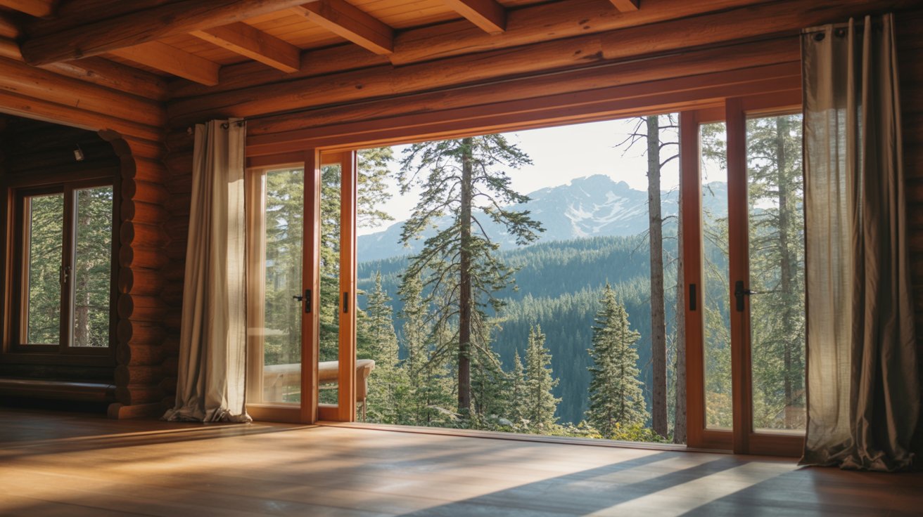 Cabin large windows forest view natural light modern rustic cozy airy interior design