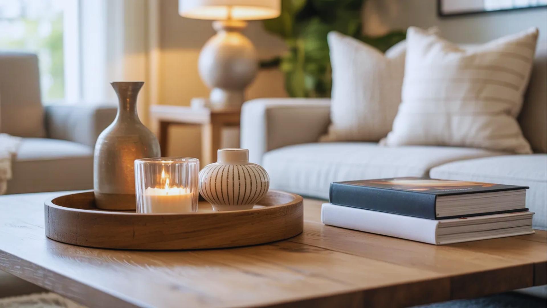 Coffee table tray styled with candle, books, and ceramic decor in warm coastal living room aesthetic