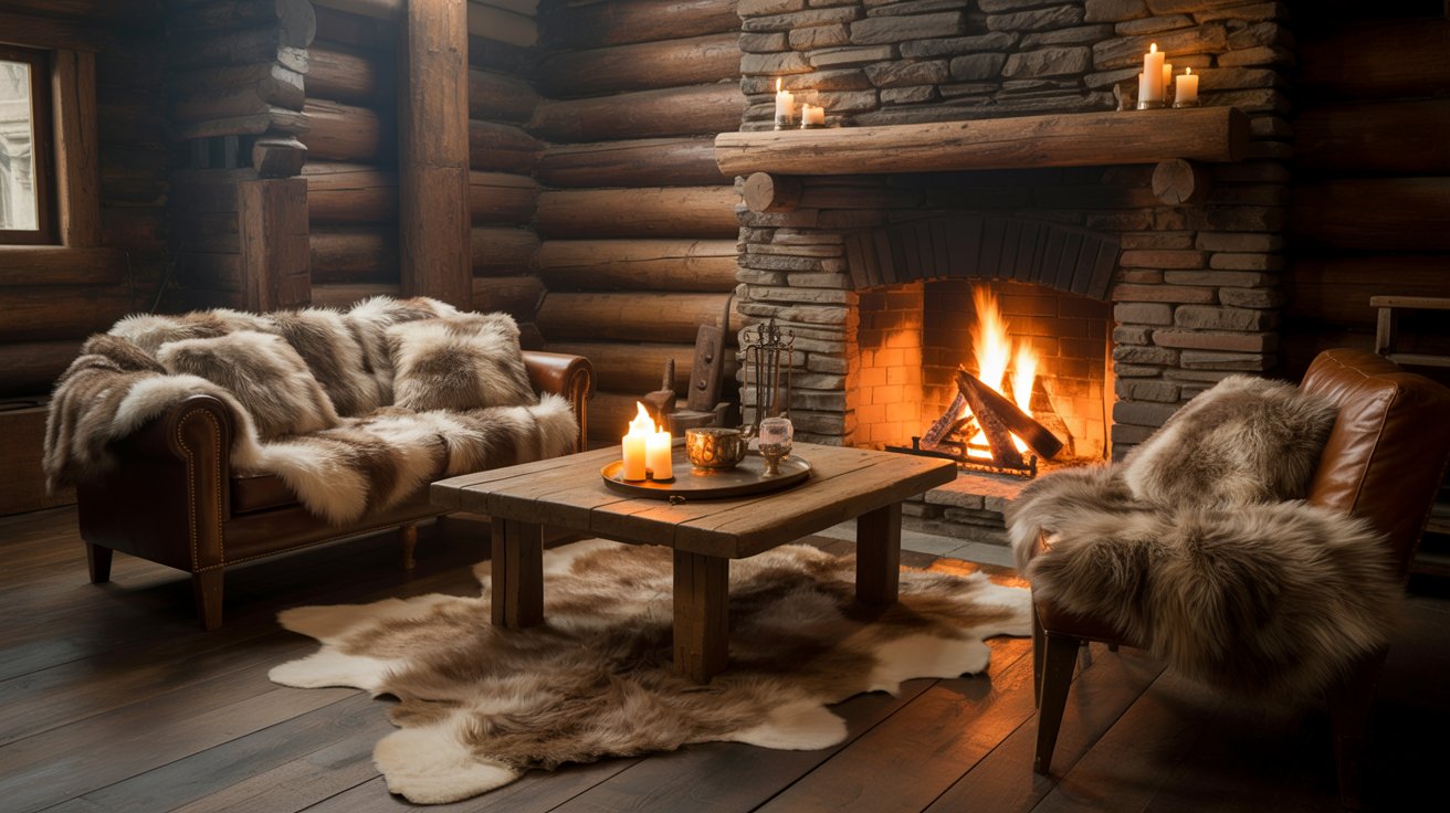 Cozy cabin interior faux fur accents warm rustic wood fireplace soft textured design