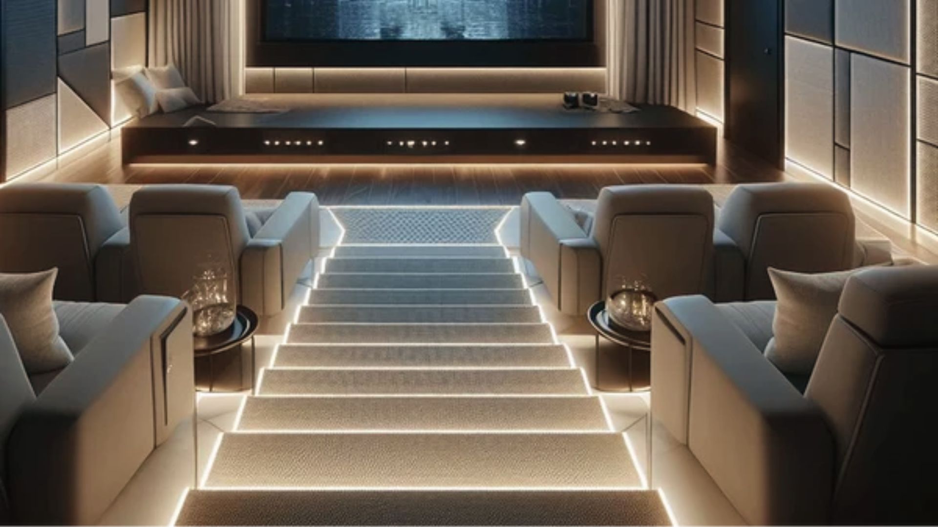 Luxurious home theater with tiered beige recliners and LED-lit carpeted steps leading to a large screen.
