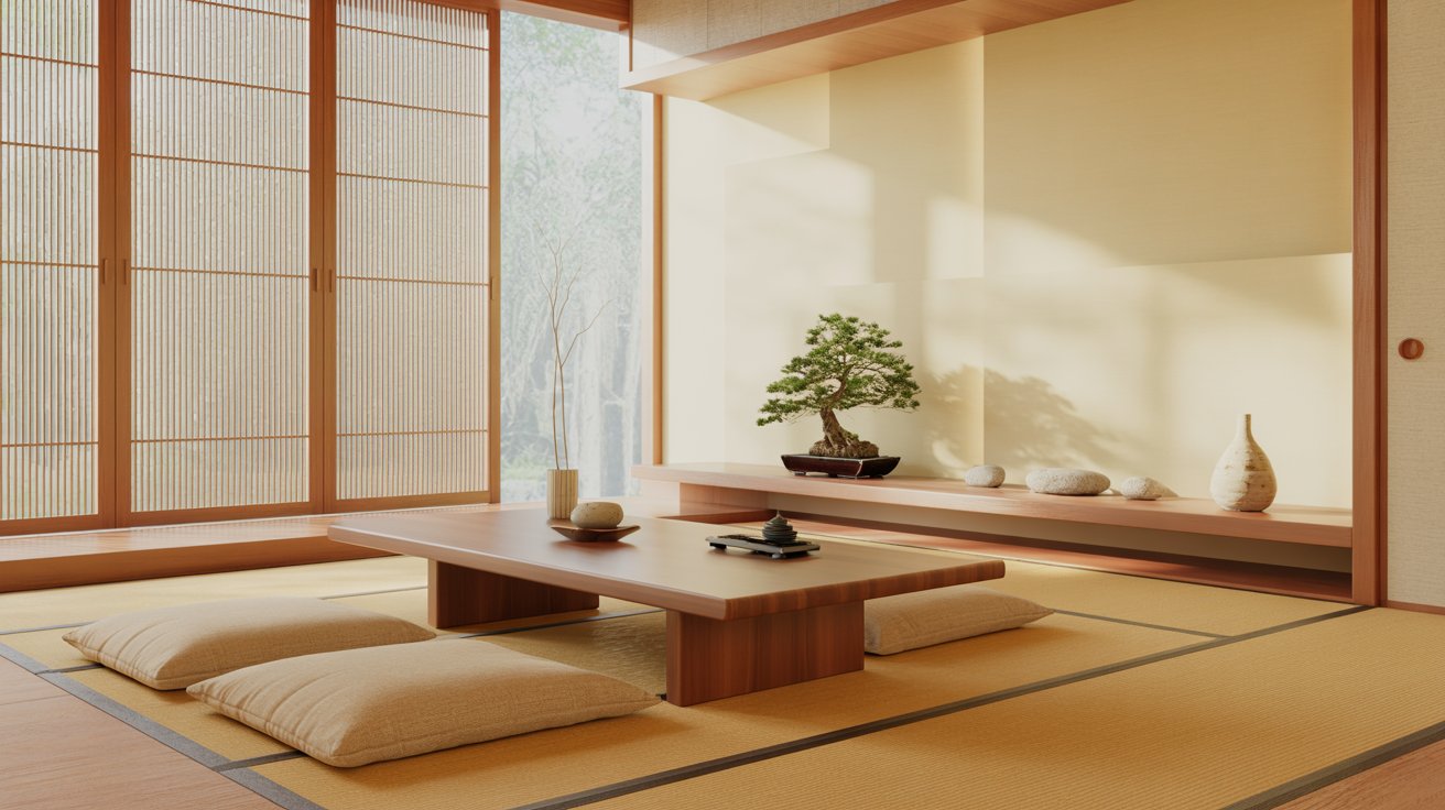 Asian Zen interior with minimalist furniture, bamboo accents, and calm design.