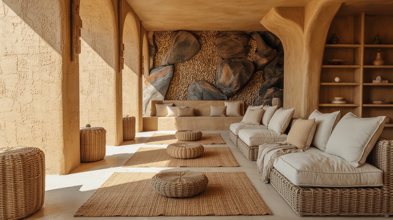 Stone wall organic textures jute linen rattan furniture natural calming biophilic interior design
