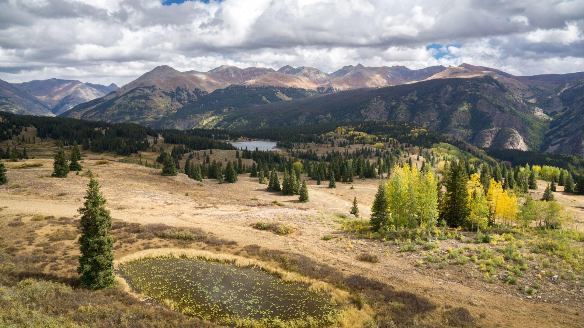 Alpine valley with small ponds, golden aspens, pine trees, distant lake, and mountains under clouds