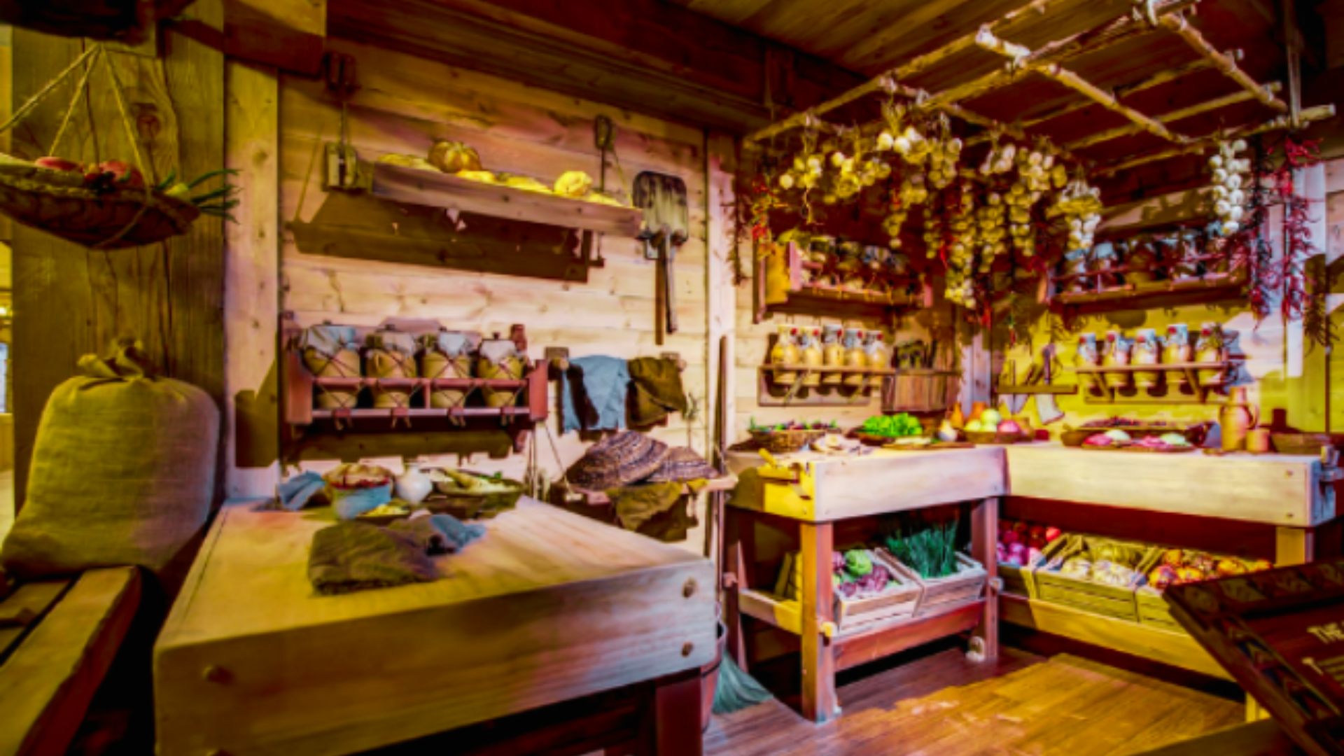 Recreated ancient pantry inside the Ark Encounter with wooden shelves of produce, herbs, and pottery.