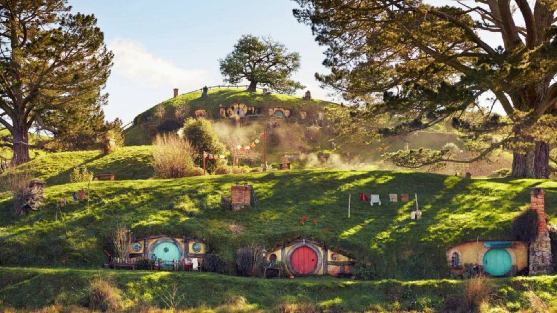 Colorful round doors of hobbit holes are built into a sunny green hillside with laundry and a tree above.