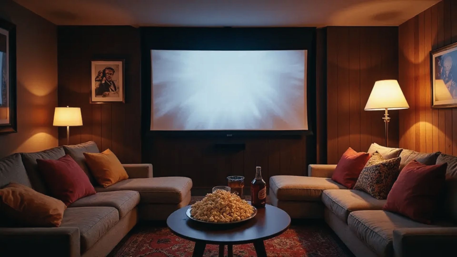 Popcorn, drinks, and warm lamps make the wood-paneled room ideal for a movie marathon.