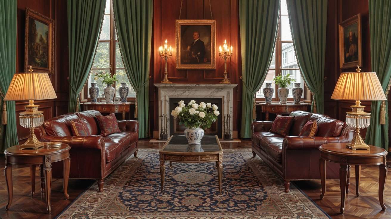 Traditional living room with classic wooden furniture, patterned rug, and rich warm decor.