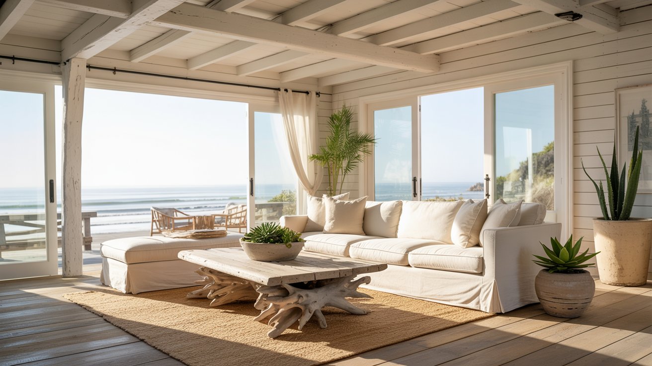 California coastal interior with bright airy space, white wood, and relaxed beach style decor.