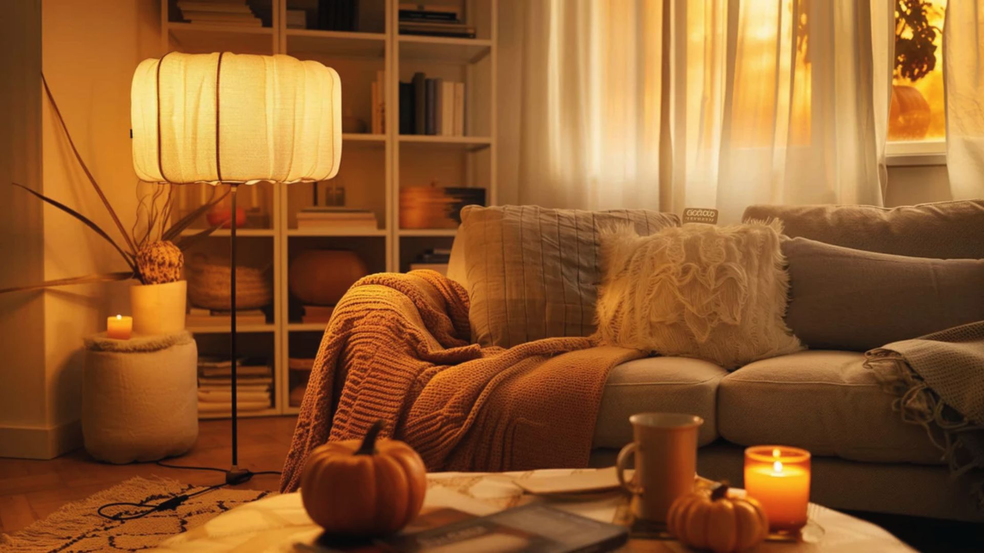 A warm living room glows with lamplight, knit blankets, and fluffy pillows on a couch.