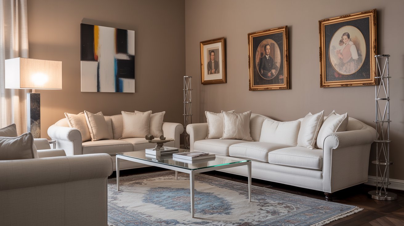Transitional living room blending modern and classic furniture with neutral balanced decor.