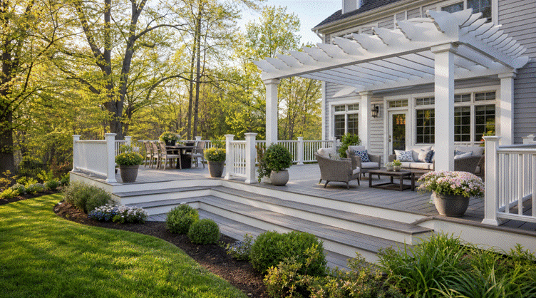 A deck featuring white furniture and a stylish pergola, creating a serene outdoor living space.