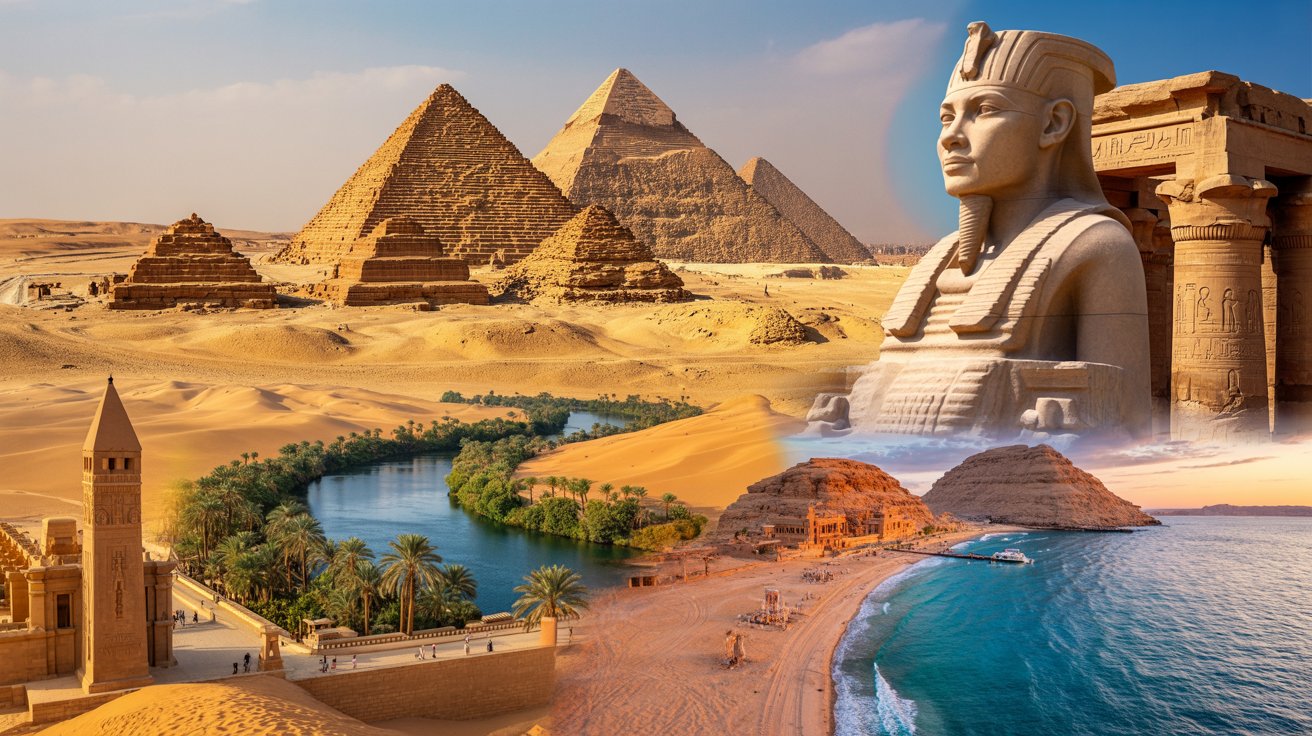 Collage of Egypt landmarks including pyramids, Nile river and temples
