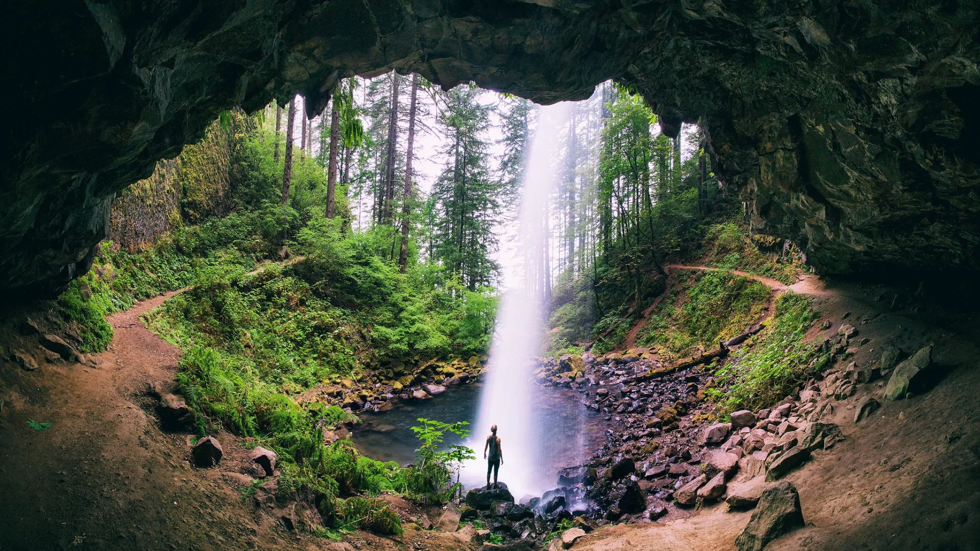 A MAN ADMIRING A BEAUTIFUL WATERFALL