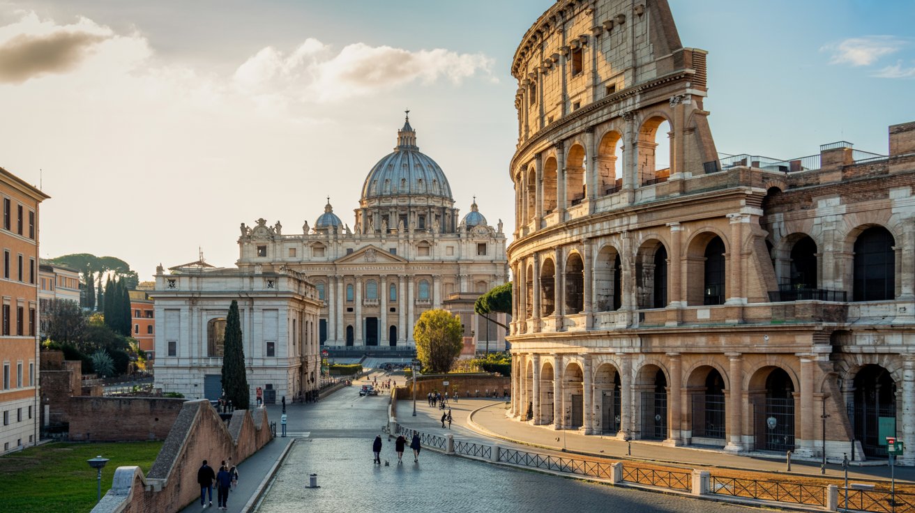 Best sights in Rome skyline with Colosseum and St Peter’s Basilica at sunset