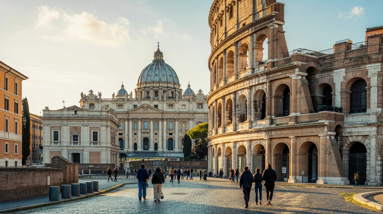 Best sights in Rome skyline with Colosseum and St Peter’s Basilica at sunset