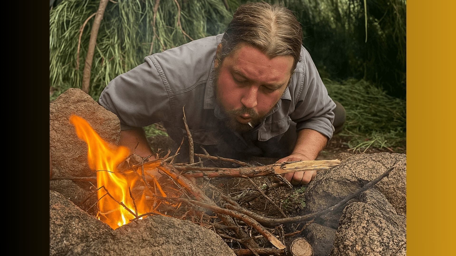 A MAN TRYING TO START A FIRE IN A FOREST
