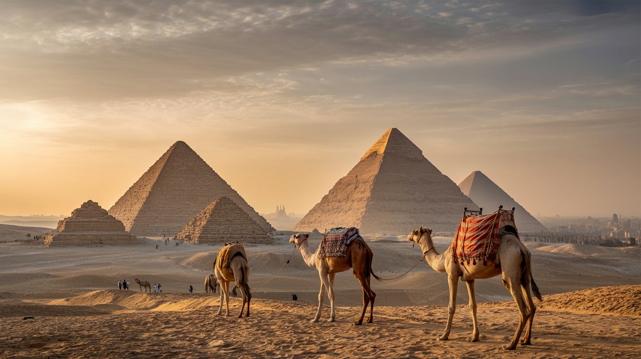 Great Pyramids of Giza at sunrise with camel silhouettes in Egypt