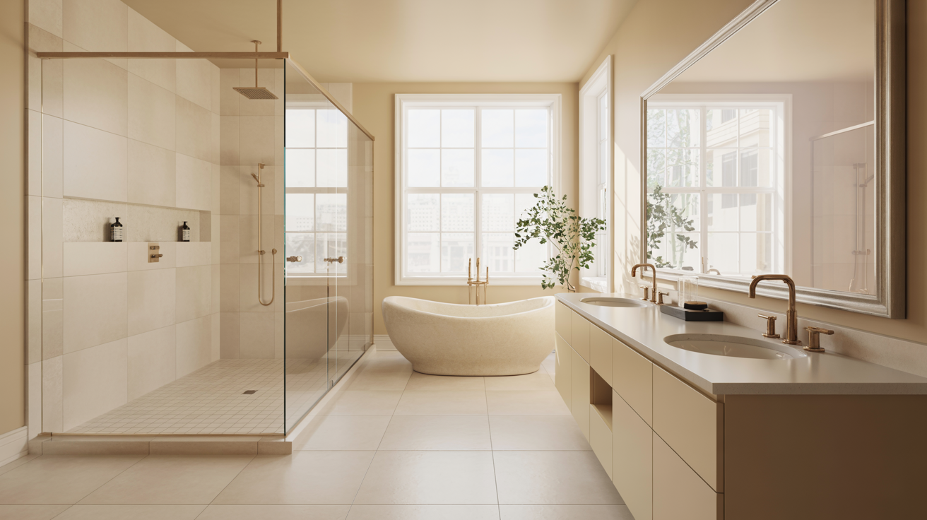 A bathroom featuring a modern tub and a glass-enclosed shower, with neutral-colored tiles and soft lighting.