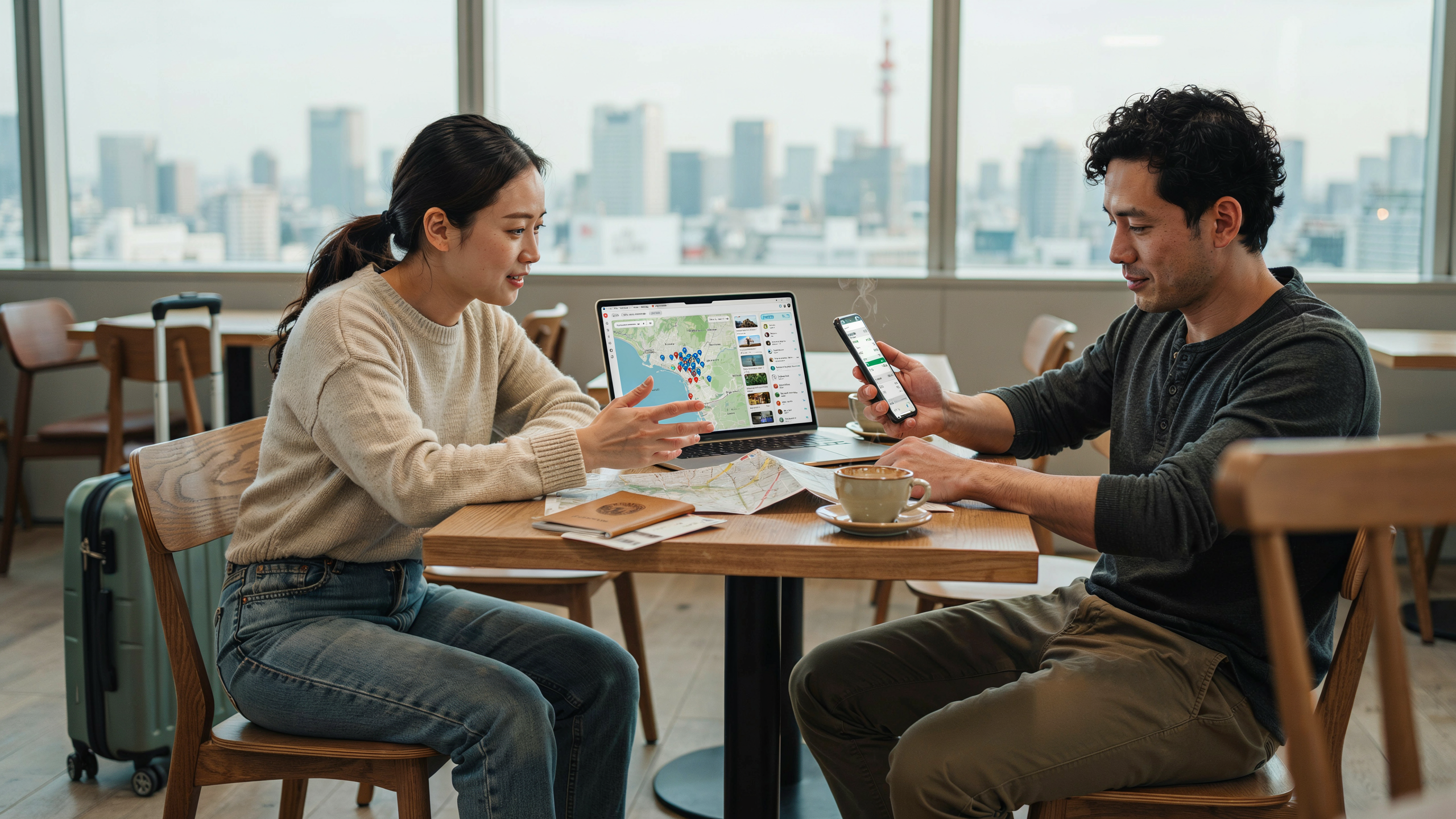 A man and woman sit at a table, examining a map while using a laptop for planning or research.