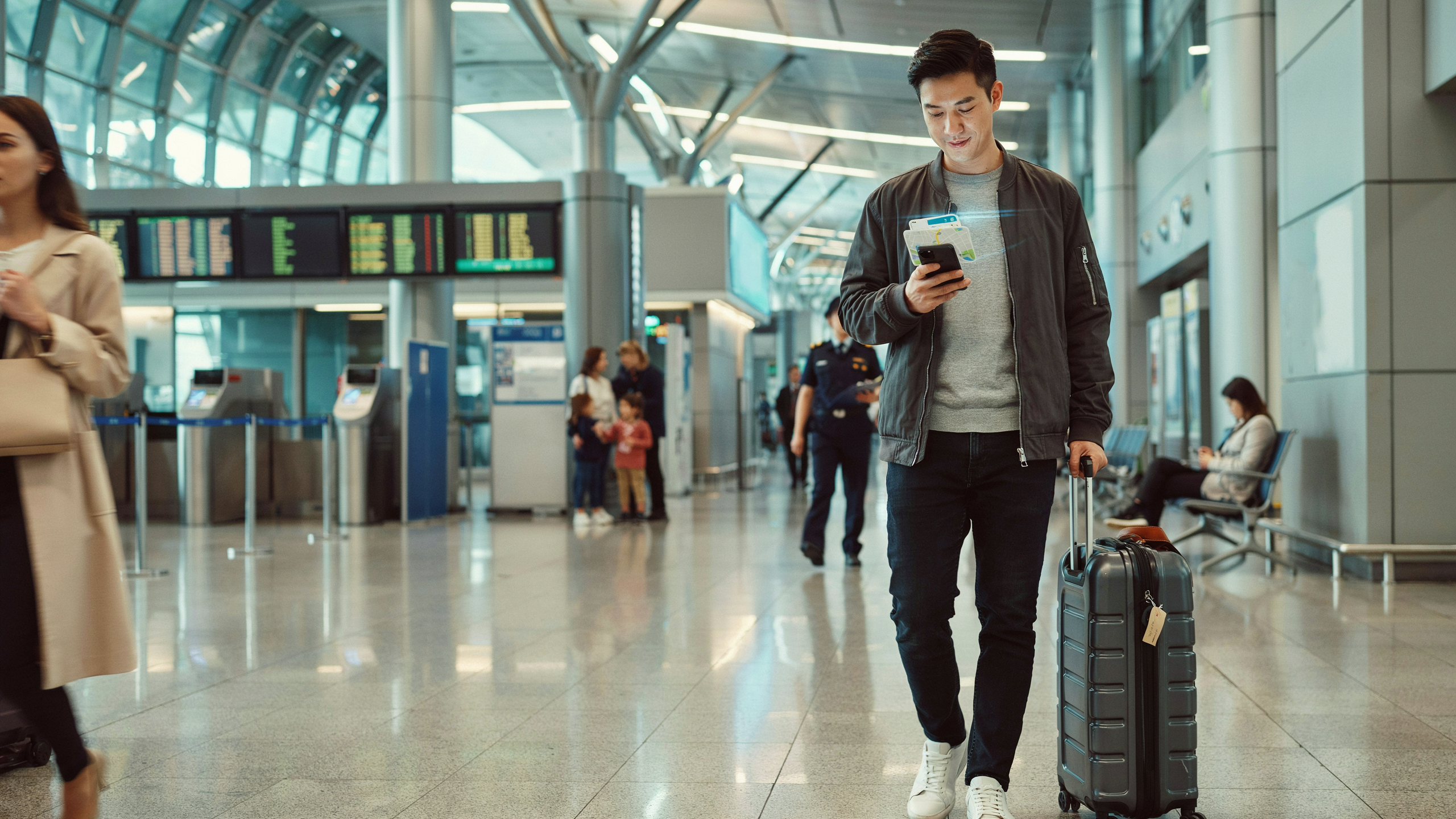 A man and woman walk through an airport terminal, each carrying luggage and appearing to be in conversation.