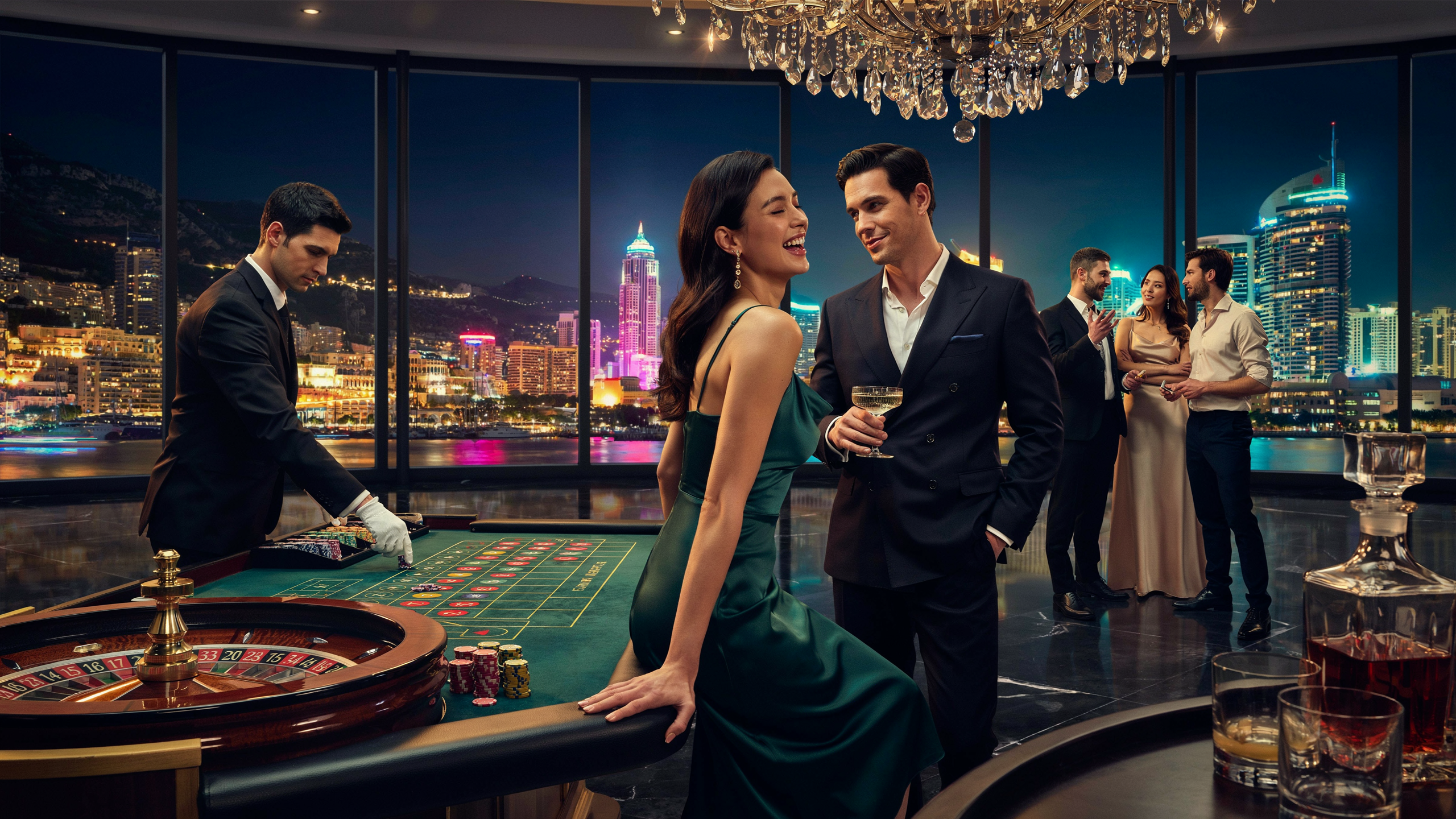 A man and woman in formal attire are engaged in a game of roulette at a casino table.