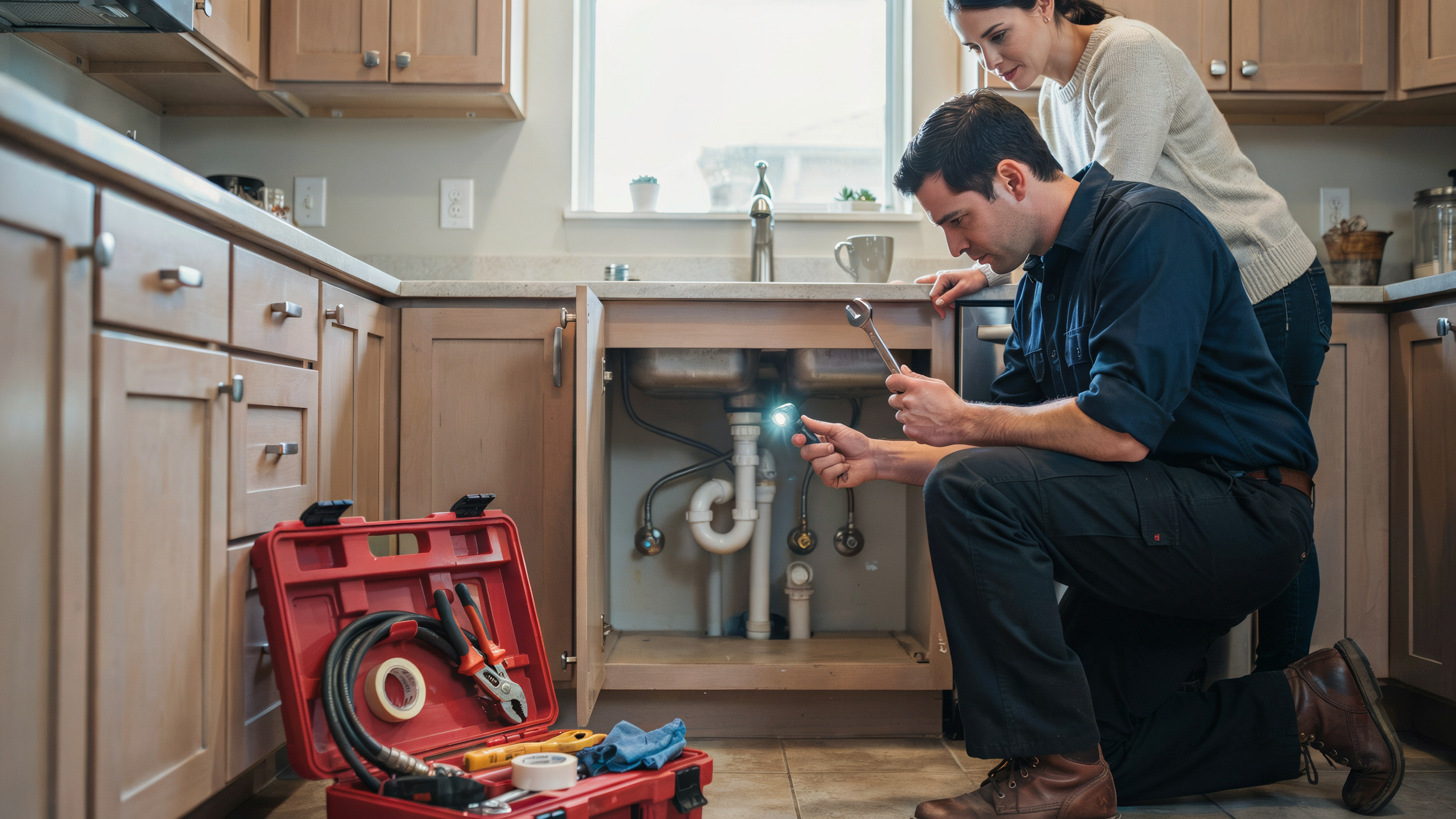 A man and woman collaborate on repairs at a kitchen sink, tools and plumbing parts visible around them.