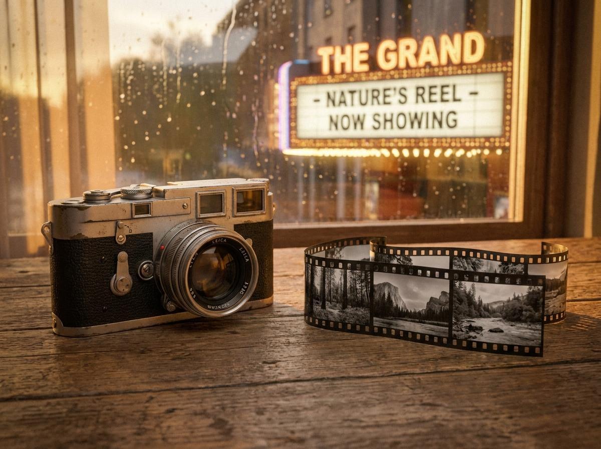 A camera and a film strip are placed on a table, illuminated by natural light streaming through a nearby window.