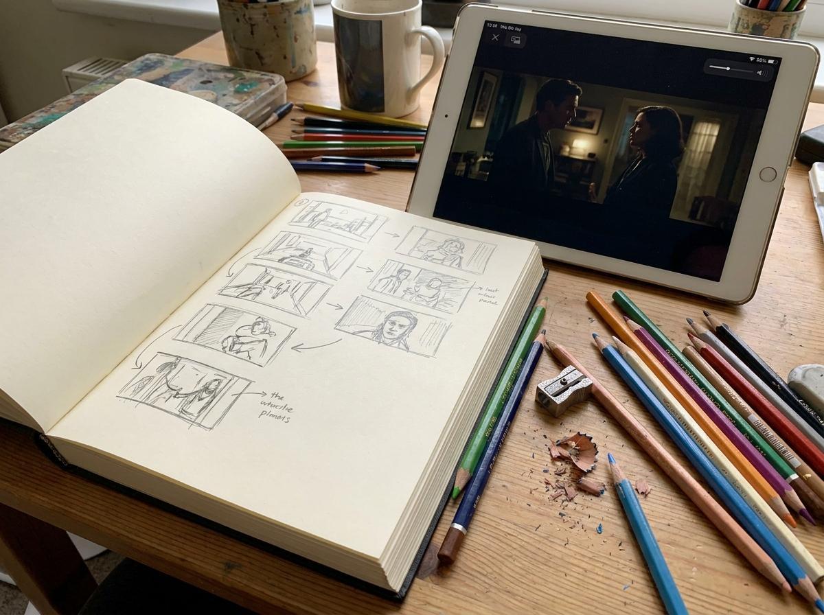 A tablet, several pencils, and an open sketchbook arranged neatly on a wooden desk.