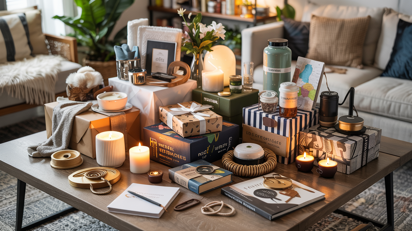 A table adorned with candles, various books, and decorative items, creating a cozy and inviting atmosphere.