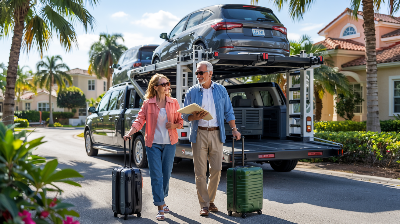 A man and woman walk together on the street, each with a piece of luggage in tow.