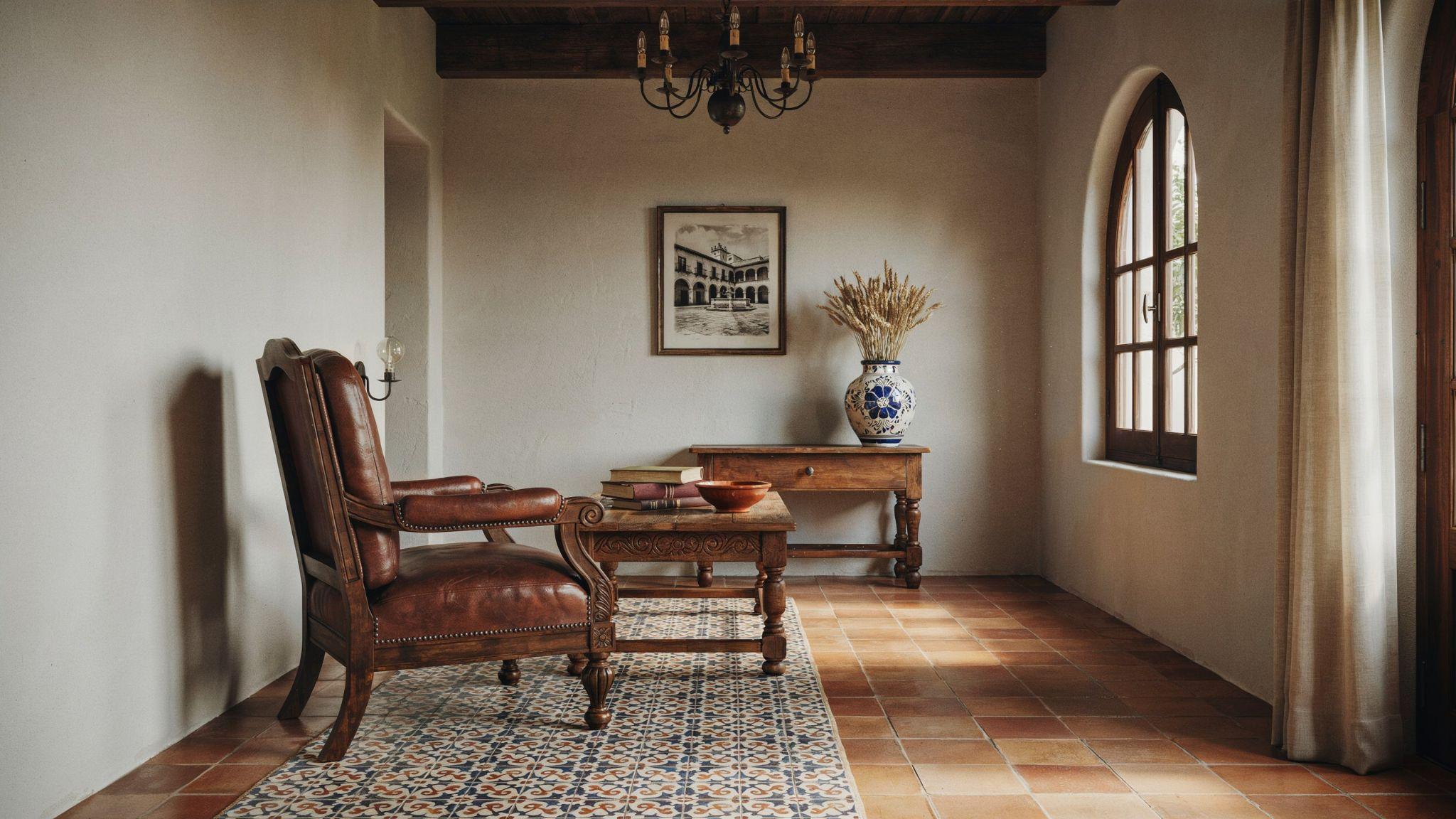 Spanish Colonial interior with dark wood furniture, iron details, and patterned tiles in a warm historic space.