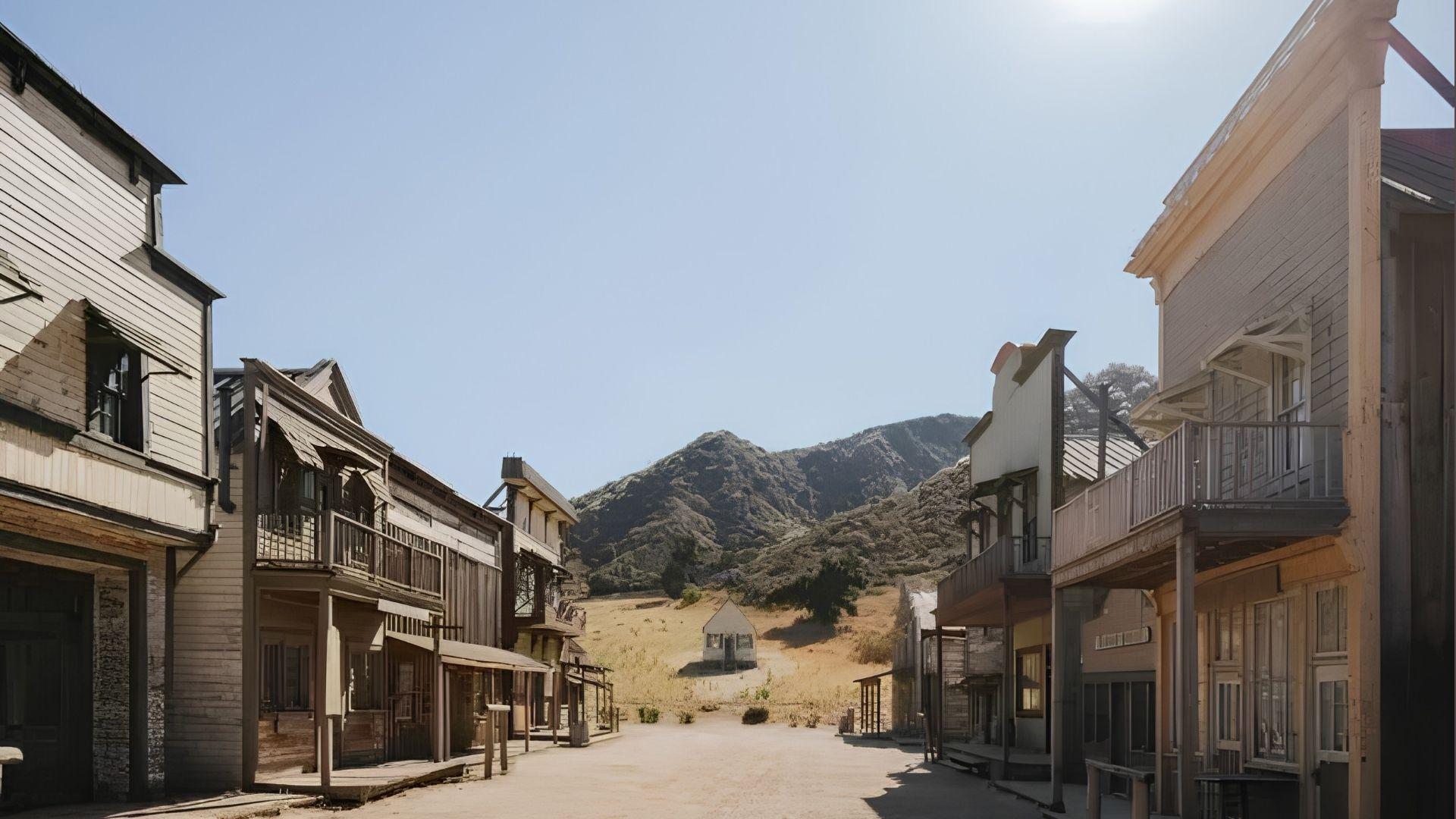 Empty Old West style movie set street with wooden buildings and mountains, Sable Ranch