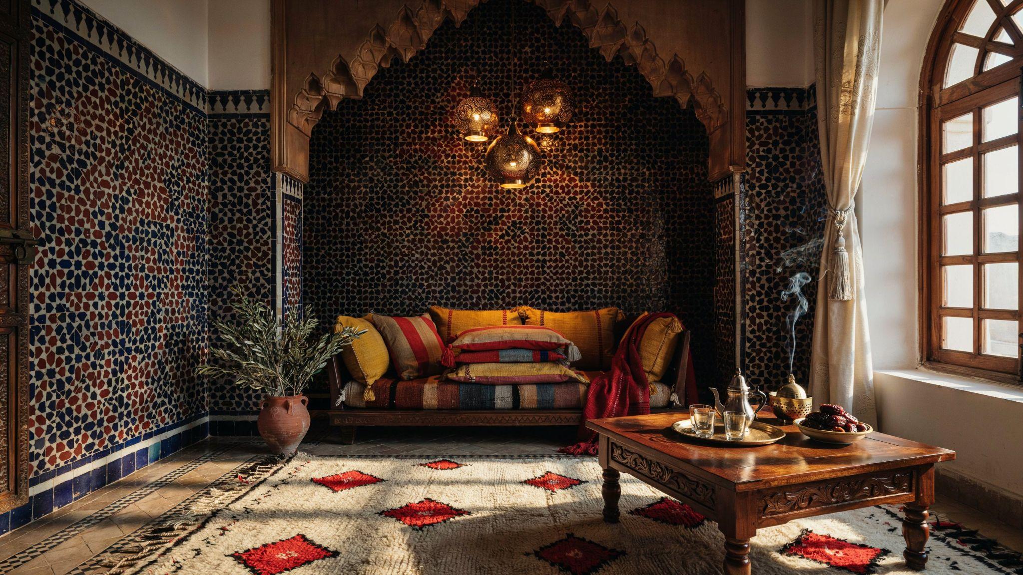 Moroccan Mediterranean interior with colorful tiles, lanterns, and rich patterned decor in a vibrant space.