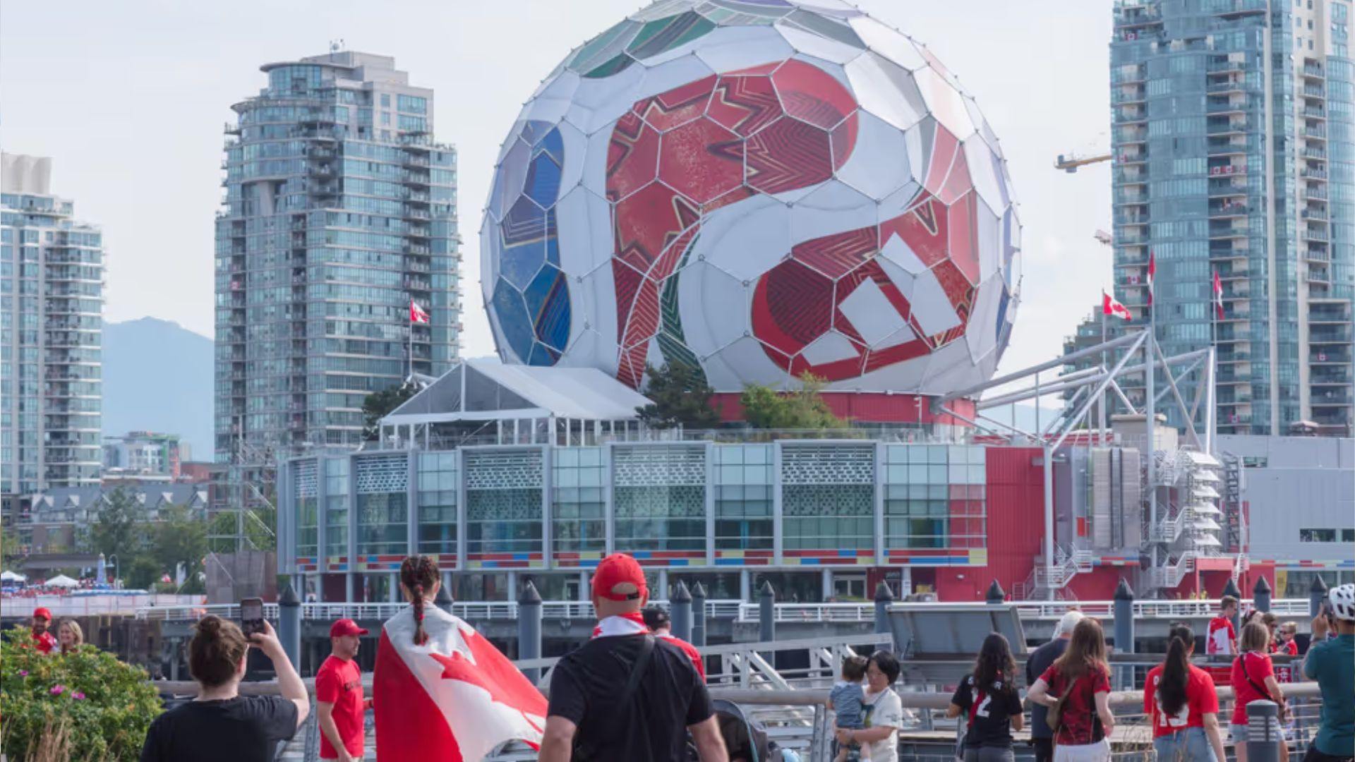 Vancouver waterfront with Science World dome decorated as a soccer ball
