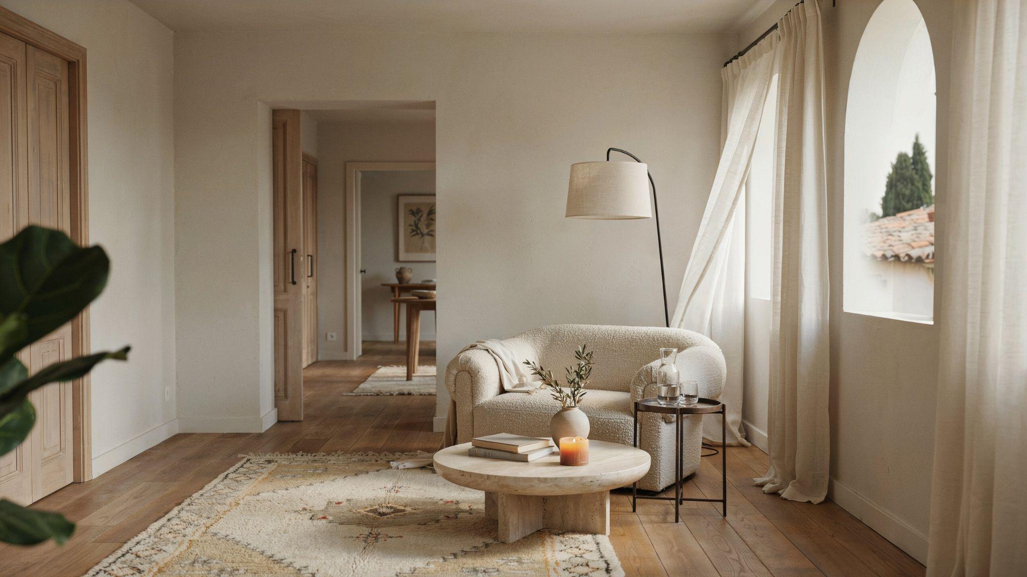 French Mediterranean interior with soft tones, linen textures, and elegant curved furniture in a calm space.
