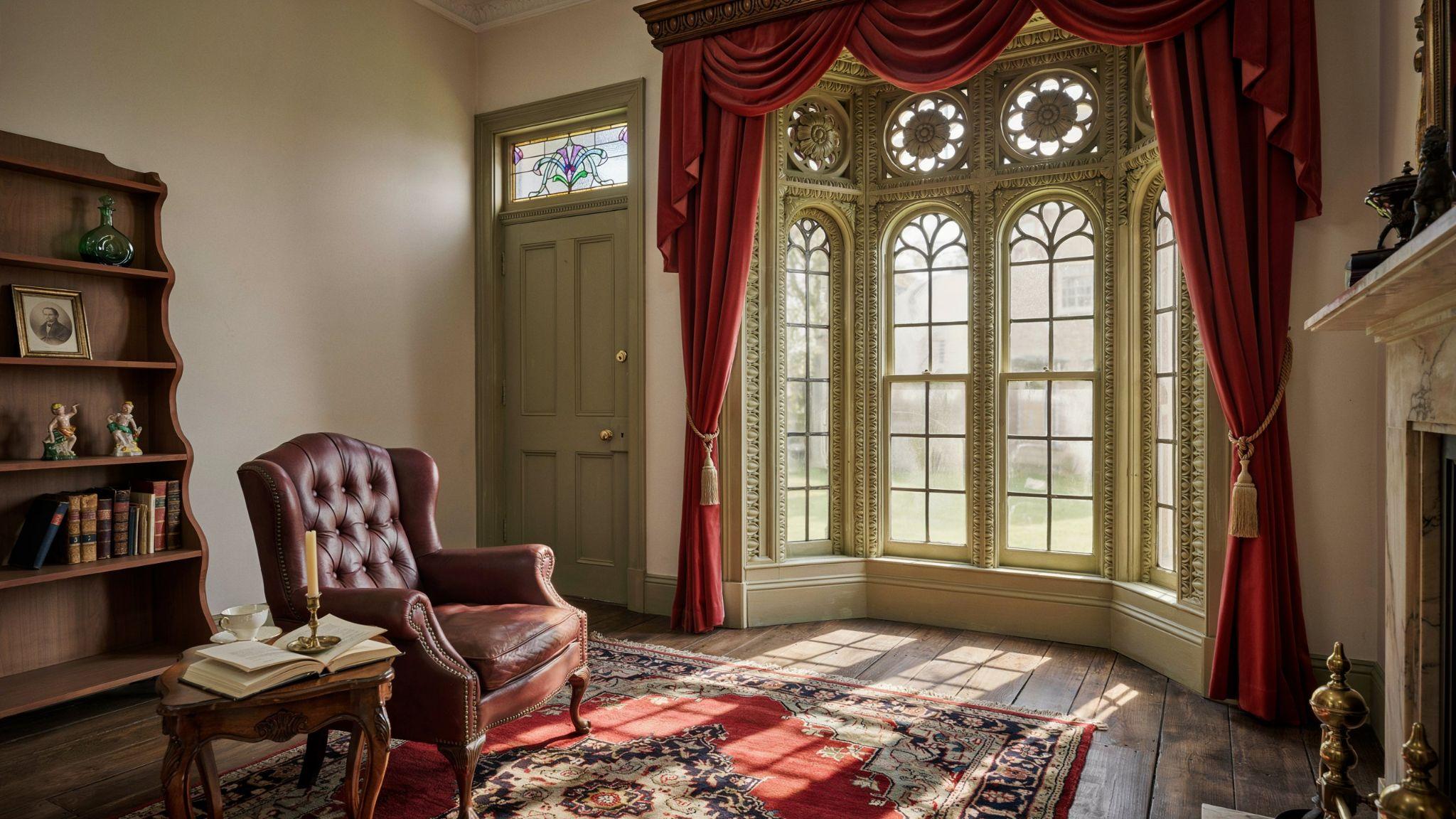 Ornate Victorian window trim featuring intricate carvings and decorative moldings.