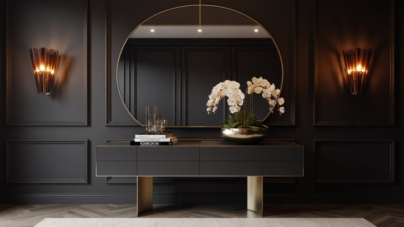 Black entryway with a decorative mirror, console table, and warm lighting.