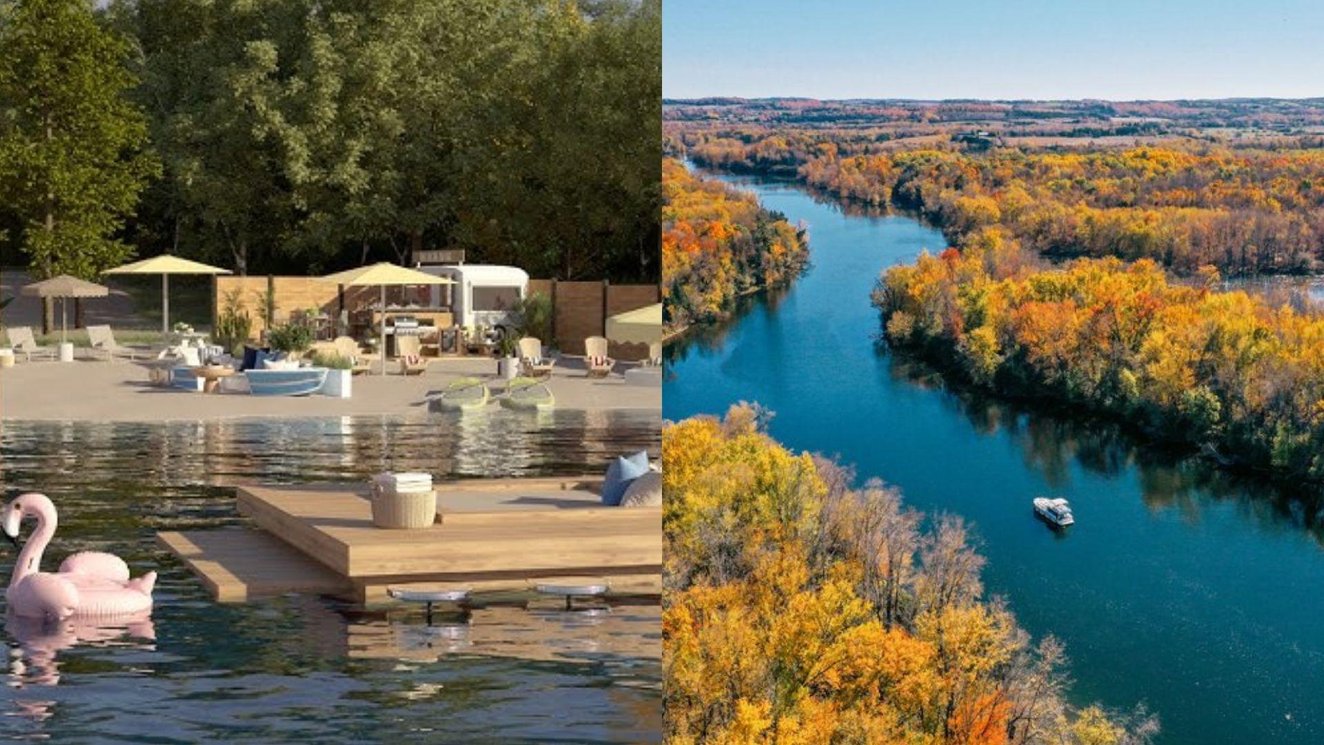 Renovation Resort Showdown. Split image: lakeside beach retreat with dock, aerial of river winding through foliage.
