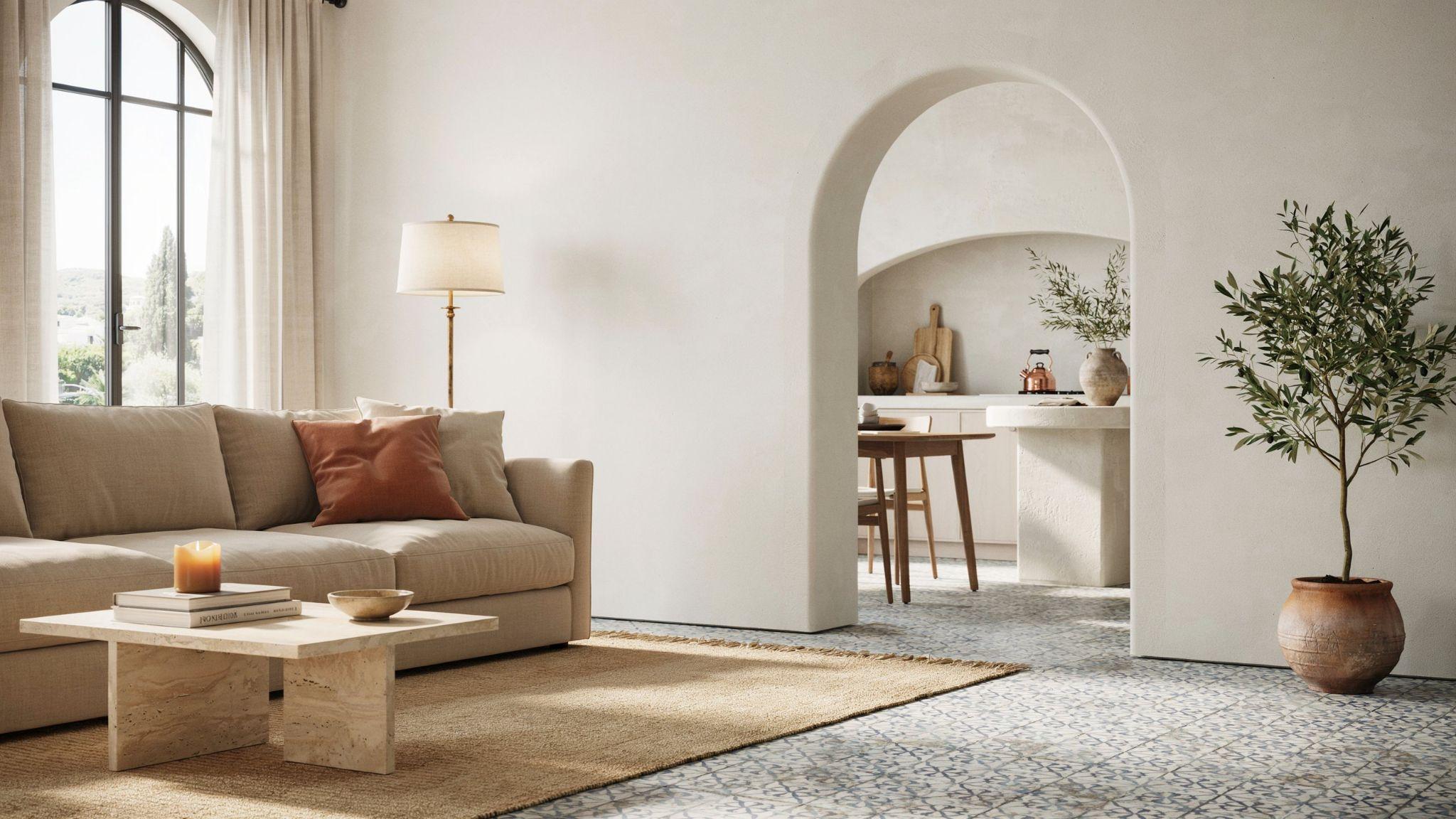 Contemporary Mediterranean interior with modern furniture, arches, and warm neutral Mediterranean styling.