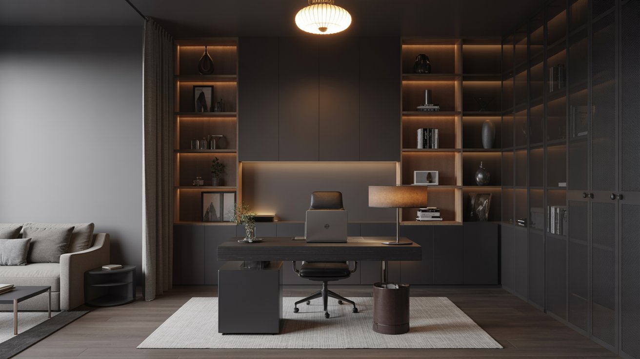 Modern black home office with desk lighting, shelving, and a productive workspace.