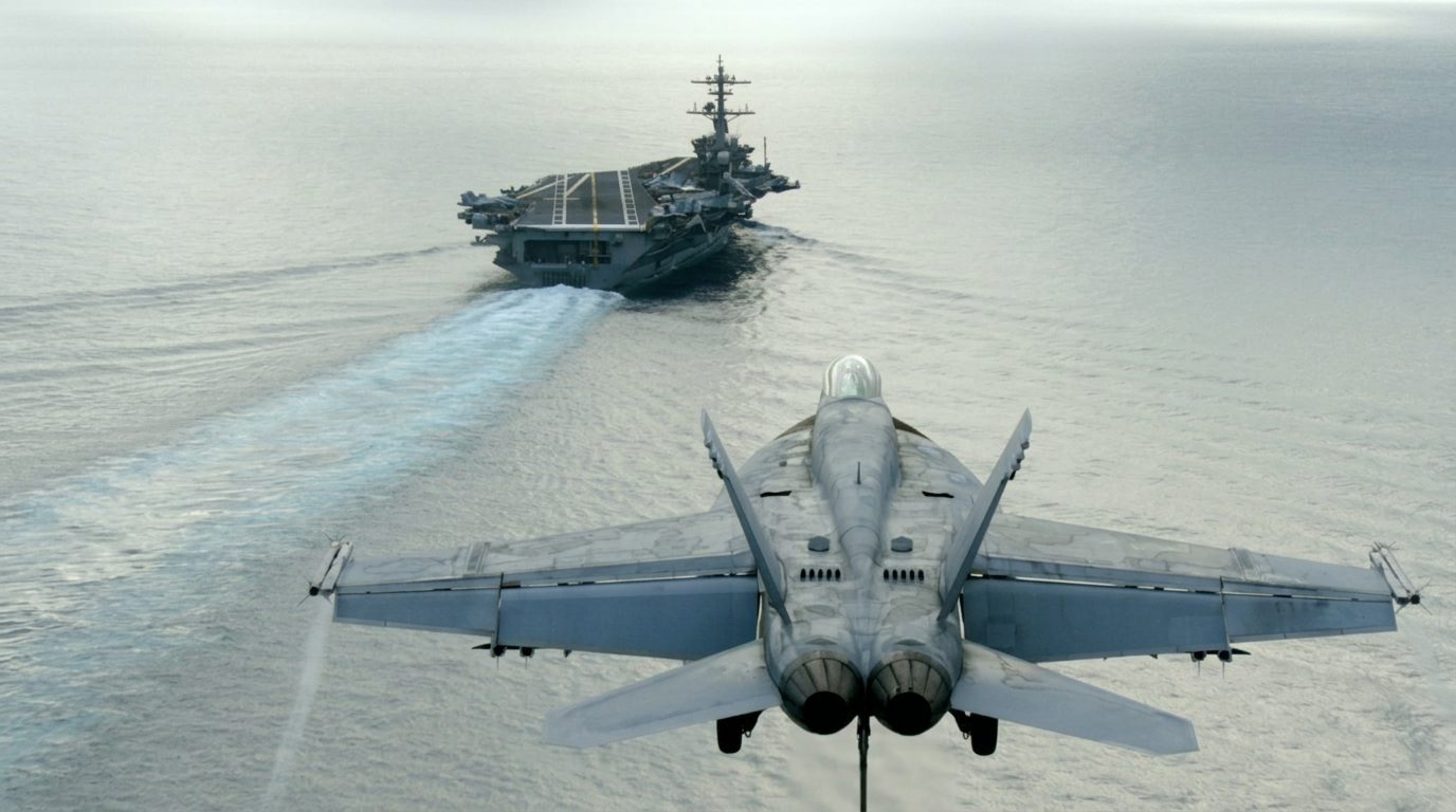 F/A-18 Super Hornet flying behind a U.S. Navy aircraft carrier in a dramatic aerial still from Top Gun: Maverick.