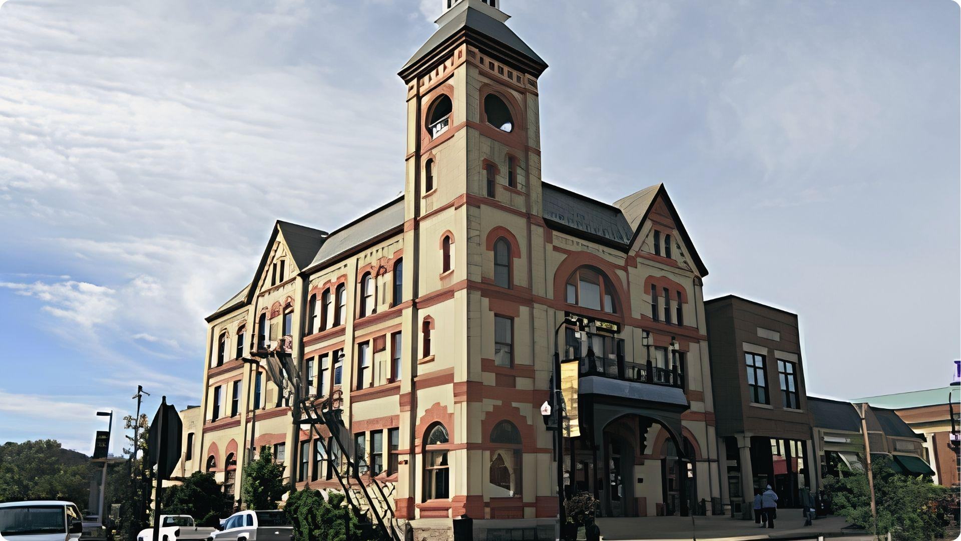 Woodstock Opera House tower on a sunny day. Town square centerpiece in Groundhog Day 1993 film.