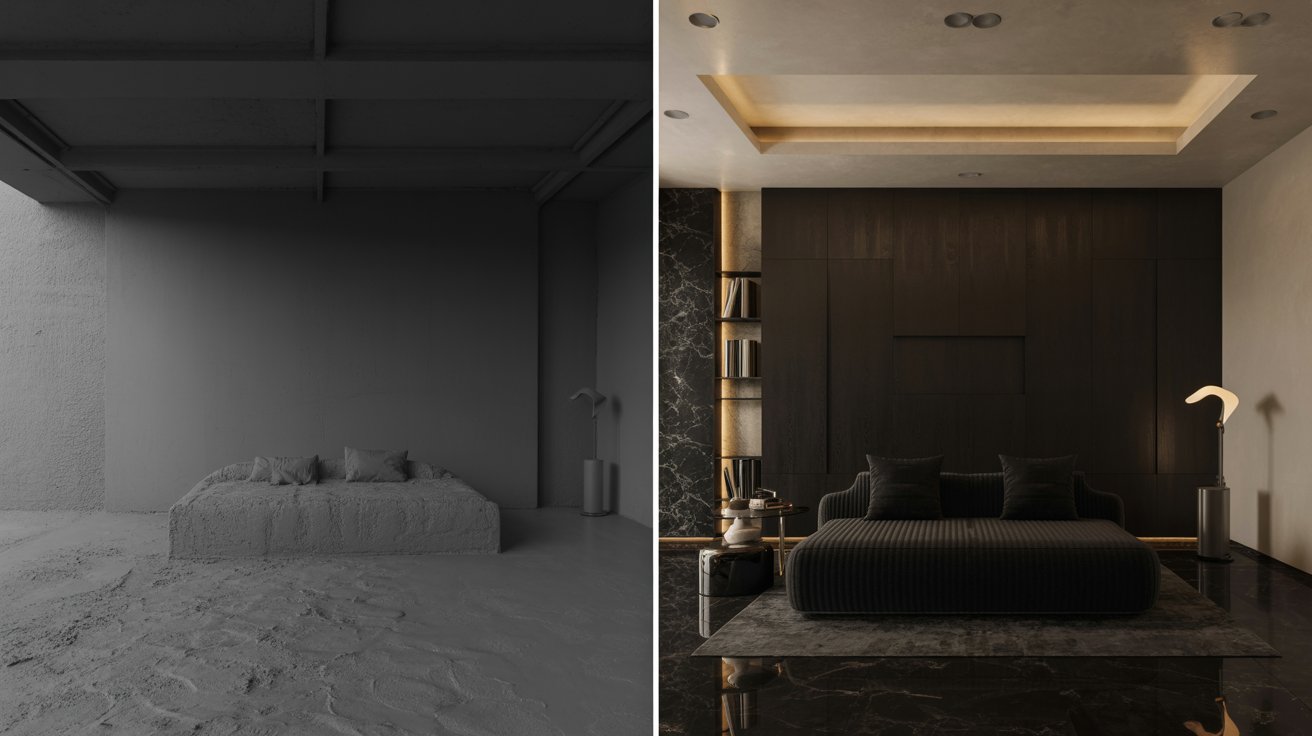 Comparison of a poorly designed black room and a balanced black interior with proper lighting and contrast.
