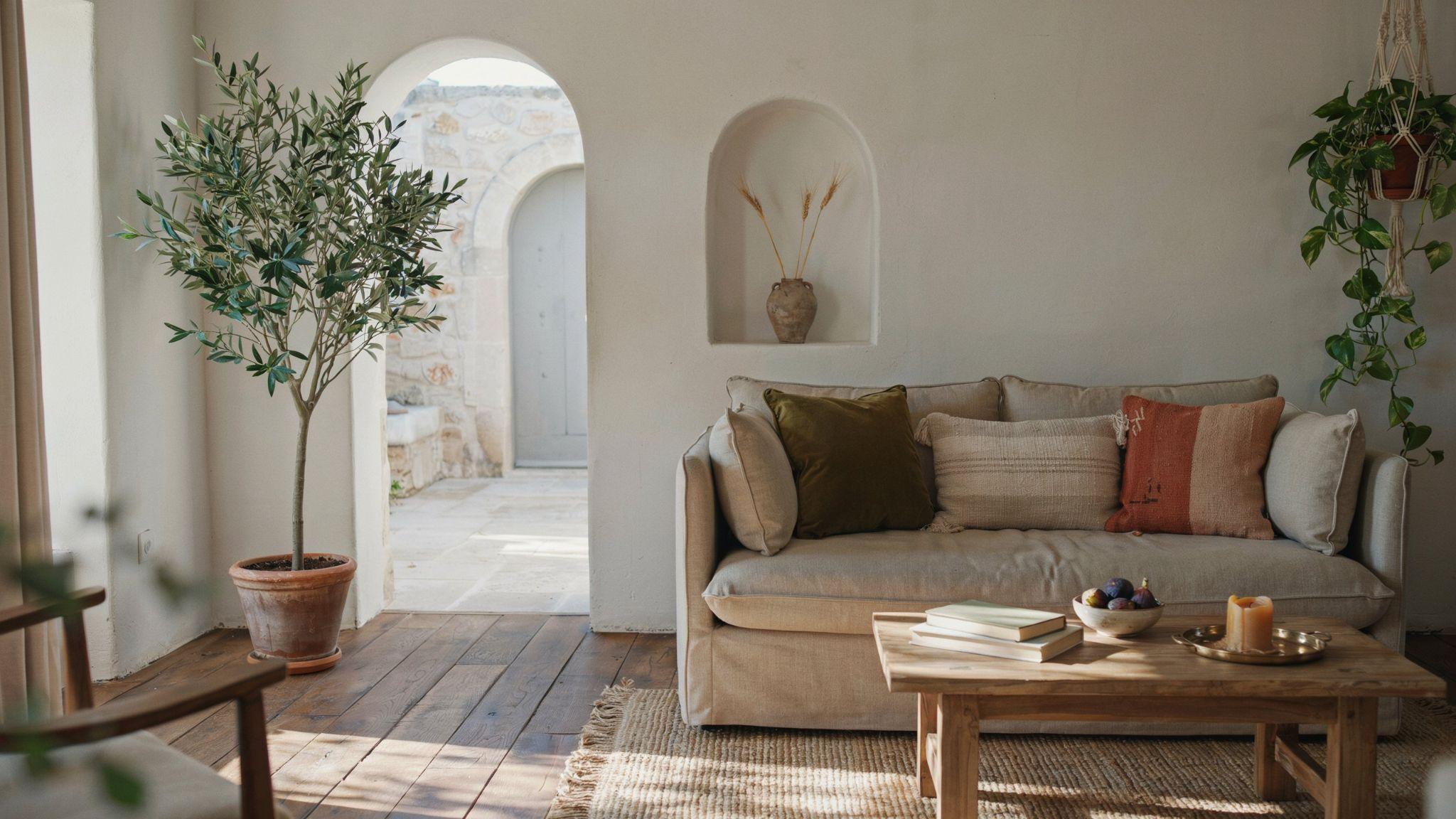 Mediterranean interior with olive green accents and natural earthy decor.