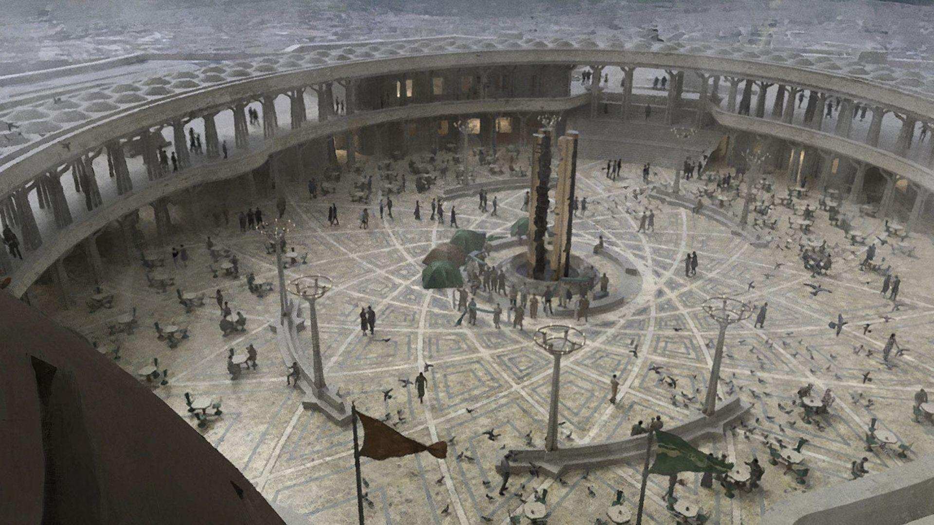 Concept art of a vast circular plaza with mosaic floor, central monument, and colonnaded galleries.