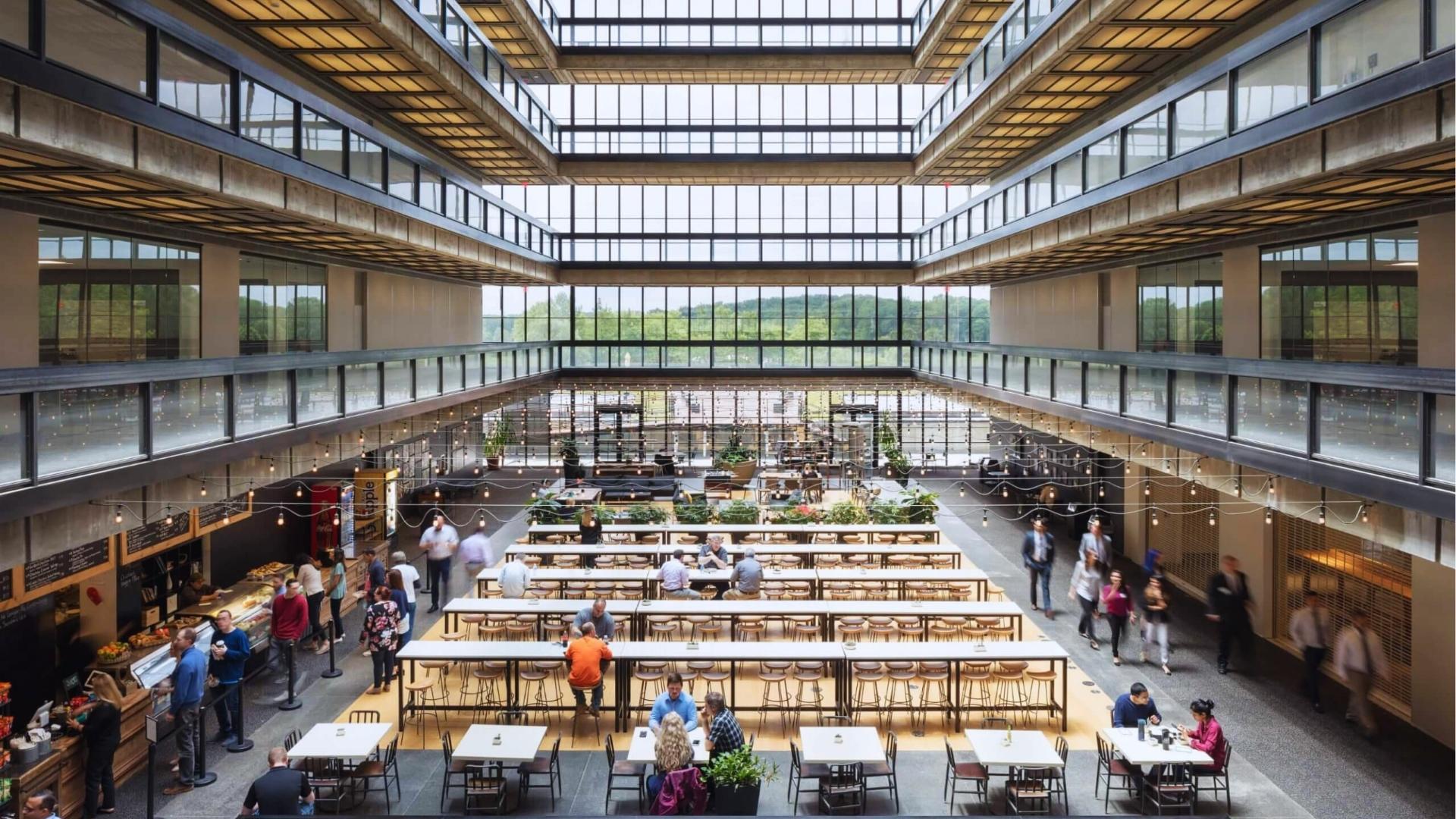 Bell Labs Holmdel atrium in New Jersey, main interior filming location for Lumon Industries in Severance.