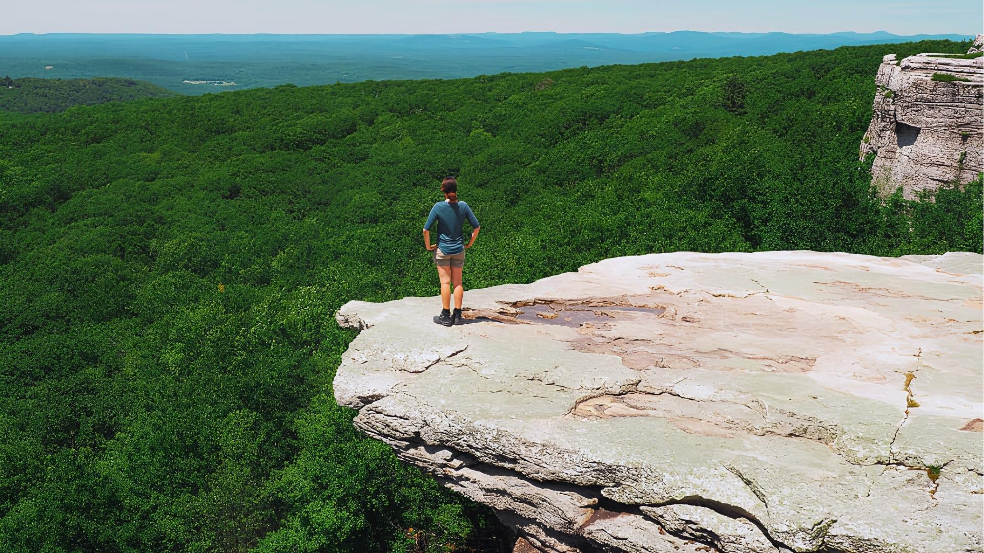 Woman stands on white rock cliff overlooking dense green forest at Sam’s Point Preserve, used as the “birthing retreat” exterior in Severance.